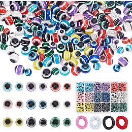 Pandahall Elite 630pcs 9 Colors Evil Eye Bracelet Set Flat and Round Turkish Handmade Beads Evil Eye Resin Beads 100 Yards Round Elastic Cord for Earring Necklace Making, 6mm, 8mm