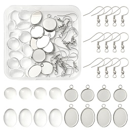 Honeyhandy DIY Blank Dome Dangle Earrings Making Kit, Including 304 Stainless Steel Flat Round Pendant Cabochon Settings & Earring Hooks, Glass Cabochons, Stainless Steel Color, 39Pcs/box