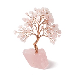 Honeyhandy Natural Rose Quartz Tree Display Decoration, Natural Rose Quartz Base Feng Shui Ornament for Wealth, Luck, Rose Gold Brass Wires Wrapped, 47~60x88~105x122~145mm