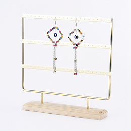 Honeyhandy Iron 3-Tier Earring Display Stand, for Hanging Dangle Earring, with Wood Pedestal, Golden, 25.4x25.2x5.1cm