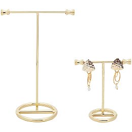 FINGERINSPIRE Gold Metal 2Pcs T Bar Earring Display Stand Without Hole Jewelry Holders Hanging Jewelry Organizer for Jewelry Store Retail Photography Props【Gold- Round Base 2 Heights 5.9 & 2.8 Inch】