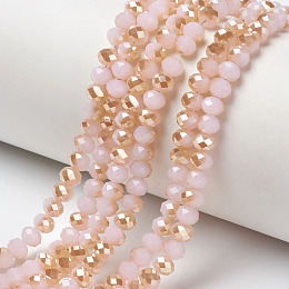 Honeyhandy Electroplate Glass Beads Strands, Imitation Jade Beads, Half Plated, Rainbow Plated, Faceted, Rondelle, Pink, 4x3mm, Hole: 0.4mm, about 123~127pcs/strand, 16.5~16.9 inch(42~43cm)