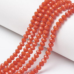 Honeyhandy Opaque Solid Color Glass Beads Strands, Faceted, Rondelle, Orange Red, 6x5mm, Hole: 1mm, about 87~90pcs/strand, 17~17.5 inch(42.5~43.75cm)