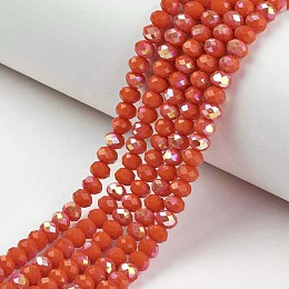 Honeyhandy Electroplate Opaque Solid Color Glass Beads Strands, Half Rainbow Plated, Faceted, Rondelle, Orange Red, 8x6mm, Hole: 1mm, about 65~68pcs/strand, 15.7~16.1 inch(40~41cm)