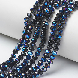 Honeyhandy Electroplate Glass Beads Strands, Half Plated, Blue Plated, Faceted, Rondelle, Dark Blue, 4x3mm, Hole: 0.4mm, about 123~127pcs/strand, 16.5~16.9 inch(42~43cm)