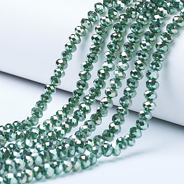 Honeyhandy Electroplate Glass Beads Strands, Platinum Plated, Faceted, Rondelle, Dark Green, 6x5mm, Hole: 1mm, about 85~88pcs/strand, 16.1~16.5 inch(41~42cm)