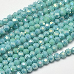 Faceted Round Full Rainbow Plated Electroplate Glass Beads Strands, Turquoise, 4mm, Hole: 1mm; about 100pcs/strand, 14.9"