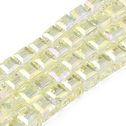 Electroplate Transparent Glass Beads Strands, AB Color Plated, Faceted, Cube, Champagne Gold, 7x7x7mm, Hole: 1.4mm, about 100pcs/strand, 26.77 inch(68cm)