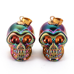 Honeyhandy Electroplate K9 Glass Pendants, with Golden Plated Brass Bails, Skull, Halloween, Medium Aquamarine, 25x26~27x19mm, Hole: 5x3mm