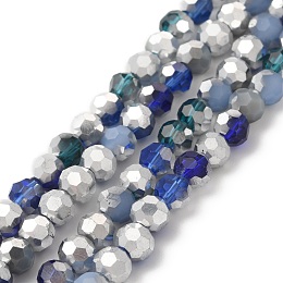 Electroplate Glass Beads Strands, Faceted, Half Silver Plated, Round, Prussian Blue, 6x5mm, Hole: 1.4mm, about 100pcs/strand, 20.87''(53cm)