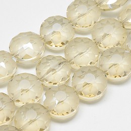 Electroplate Glass Beads Strands, Frosted, Rainbow Plated, Faceted, Flat Round, Light Goldenrod Yellow, 14x8~10mm, Hole: 1.5mm, about 50pcs/strand, 26.77 inch