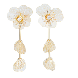 FIBLOOM 1 Pair Flower with Butterfly Alloy Dangle Stud Earrings, Long Drop Earrings for Women, Golden, 102x37mm