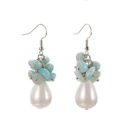 Honeyhandy Natural Flower Amazonite Dangle Earrings, with Teardrop Shell Pearl Bead, Brass Ball Head pins, 304 Stainless Steel Jump Rings and Brass Earring Hooks, 49~51mm