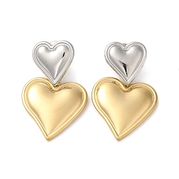 Honeyhandy 304 Stainless Steel Dangle Stud Earrings, Heart, Real Gold Plated & Stainless Steel Color, 33x20mm