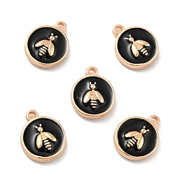 Honeyhandy Alloy Enamel Charms, Light Gold, Flat Round with Bee, Black, 14~14.5x11.5x3.5mm, Hole: 1.6mm