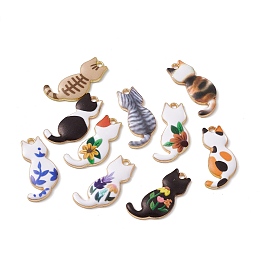 Honeyhandy Rack Plating Alloy Enamel Pendants, Light Gold, Cat Charm, Mixed Color, 30x15x2mm, Hole: 2mm