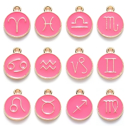 Honeyhandy Alloy Enamel Pendants, Flat Round with Constellation, Cerise, 15x12x2mm, Hole: 1.5mm, about 12pcs/set