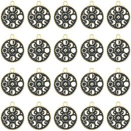 SUNNYCLUE 1 Box 20Pcs Moon Phase Charms Crescent Charm Flat Round Planet Star Large Alloy Enamel Sun Hollow Black Gothic Lunar Lucky Charm Bulk for Jewelry Making Charms WomenEarrings Necklace Craft