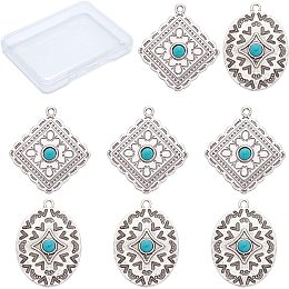 CREATCABIN 1 Box 8Pcs 2 Styles Synthetic Turquoise Charms Thai Sterling Silver Plated Rhombus Oval Alloy Tibetan Style Vintage Pendants for Jewelry Making Charms Bracelets Necklaces Findings