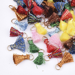 Honeyhandy Polyeter Tassel Pendants, with Metallic Cord and Iron Jump Rings, Golden, Mixed Color, 10~15x5~8mm, Hole: 3.5mm