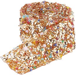 PandaHall Elite 1.4 Inch Crystal Rhinestone Trim, Golden Beaded Chip Ribbon Embellishment Sewing Accessories Hotfix Ribbon Banding Belt Wrap for Wedding Christmas Birthday Crafts Decorations