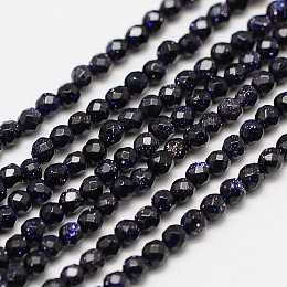 Honeyhandy Synthetic Blue Goldstone Beads Strands, Faceted Round, 3mm, Hole: 0.8mm, about 136pcs/strand, 16 inch