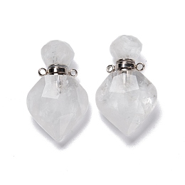 Honeyhandy Natural Quartz Crystal Perfume Bottle Pendants, with Platinum Brass Findings, Faceted, Rhombus, 27mm, Hole: 1.4mm