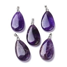 Honeyhandy Natural Amethyst Pendants, with Brass Finding, Teardrop, 35x20x7.5~9mm, Hole: 4x3.5mm