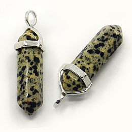 Honeyhandy Natural Dalmatian Jasper Double Terminated Pointed Pendants, with Random Alloy Pendant Hexagon Bead Cap Bailss, Bullet, Platinum, 36~45x12mm, Hole: 3x5mm, Gemstone: 10mm in diameter