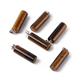 Honeyhandy Natural Tiger Eye Pendants, with Platinum Tone Brass Findings, Column Charm, 27x8mm, Hole: 6x3.2mm