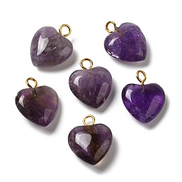 Honeyhandy Natural Amethyst Pendants, Heart Charms with Golden Plated Brass Loops, 15~15.5x12~12.5x4.5~5.5mm, Hole: 2mm