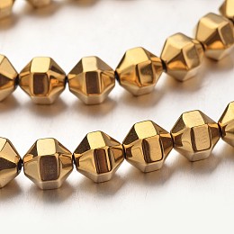 Honeyhandy Electroplate Non-magnetic Synthetic Hematite Bead Strands, Polygon, Golden Plated, 8x8mm, Hole: 1mm, about 51pcs/strand, 15.7 inch