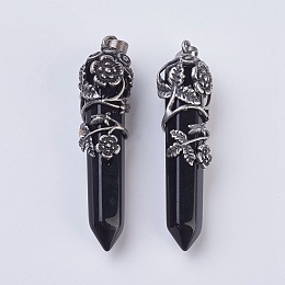 Honeyhandy Natural & Dyed Black Agate Pointed Pendants, with Antique Silver Plated Brass Findings, Faceted, Bullet, Flower, 58~61x15~17mm, Hole: 5x7mm