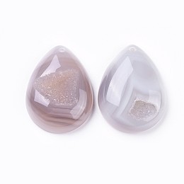 Honeyhandy Natural Druzy Agate Pendants, Teardrop, 39~39.5x29.5~30x11mm, Hole: 1.6~2mm