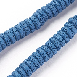 Honeyhandy Natural Lava Rock Beads Strands, Dyed, Flat Round/Disc, Steel Blue, 8~8.5x3~4mm, Hole: 2mm, about 62 pcs/Strand, 7.87 inch(20 cm)