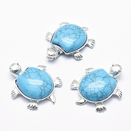 Honeyhandy Synthetic Turquoise Pendant, with Alloy Findings, Tortoise, Platinum, Dyed, 38x30.5x8.2mm, Hole: 3x4.5mm