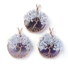 Honeyhandy Natural Amethyst & Aquamarine Big Pendants, with Rose Gold Tone Brass Findings, Flat Round with Tree of Life, 58~61.5x44~48x14~16.5mm, Hole: 4~5x3.5~6mm