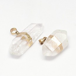 Honeyhandy Natural Quartz Crystal Double Terminated Pointed Pendants, Bullet, with Brass Findings, Golden, 18~34x8~14x10~11mm, Hole: 5x8mm