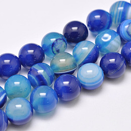 Honeyhandy Natural Striped Agate/Banded Agate Bead Strands, Dyed & Heated, Round, Grade A, Blue, 10mm, Hole: 1mm, about 39pcs/strand, 15.2 inch(387mm)