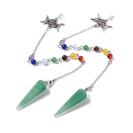 Honeyhandy Natural Green Aventurine Hexagonal Pointed Cone Dowsing Pendulum Pendants, with Chakra Gemstone Round Beads, Rack Plating Platinum Tone Brass Triple Goddess Pentagram & Chains, Cadmium Free & Lead Free, 255mm