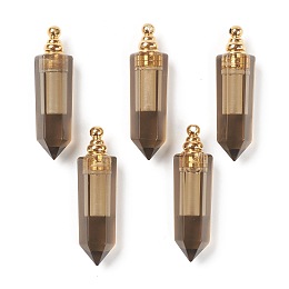 Honeyhandy Faceted Natural Smoky Quartz Pendants, Openable Perfume Bottle, with Golden Tone Brass Findings, Bullet, 46~47x13~14x11~12mm, Hole: 7mm, capacity: 1ml(0.03 fl. oz)