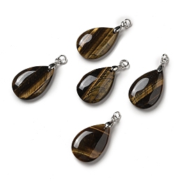 Honeyhandy Natural Tiger Eye Pendants, Teardrop Charms, with Platinum Plated Brass Snap on Bails, Lead Free & Cadmium Free, 28~29x18~18.5x6~7mm, Hole: 3mm