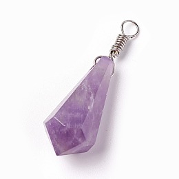 Honeyhandy Natural Amethyst Pendants, with Brass Findings, Cone, Platinum, 44~46x14~15mm, Hole: 4mm