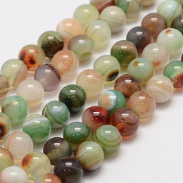 Honeyhandy Natural Striped Agate/Banded Agate Bead Strands, Round, Grade A, Dyed, Green, 8mm, Hole: 1mm, about 47~48pcs/strand, 14.5 inch