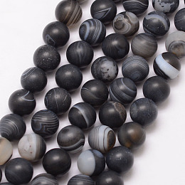 Honeyhandy Natural Striped Agate/Banded Agate Bead Strands, Round, Grade A, Frosted, Dyed & Heated, Black, 10mm, Hole: 1mm, about 37pcs/strand, 15 inch