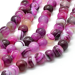 Honeyhandy Natural Striped Agate/Banded Agate Bead Strands, Round, Grade A, Dyed & Heated, Deep Pink, 10mm, Hole: 1mm, about 37pcs/strand, 15 inch