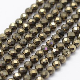 Honeyhandy Natural Pyrite Beads Strands, Faceted, Round, 2mm, Hole: 0.5mm, about 175pcs/strand, 14.9 inch(38cm)