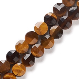 Honeyhandy Natural Tiger Eye Beads Strands, Faceted, Flat Round, 6x6~6.5x3.5~4mm, Hole: 1mm, about 63pcs/strand, 15.87''(40.3cm)