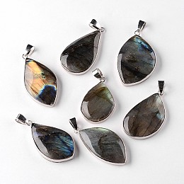 Honeyhandy Natural Labradorite Teardrop Pendants, with Platinum Plated Brass Findings, 34~60x13~35x5~15mm, Hole: 4x7mm