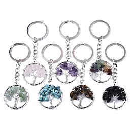 Honeyhandy Natural Gemstone Chips Chakra Keychain, with Platinum Plated Stainless Steel Split Key Rings, Flat Round with Tree, 90mm